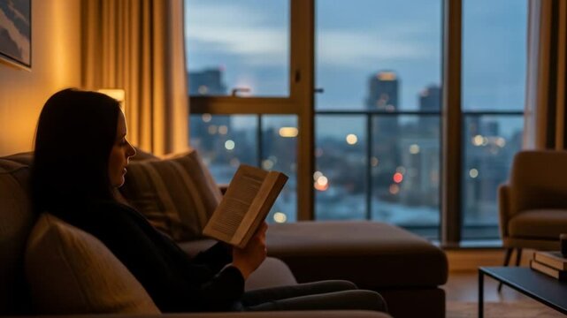 Woman reading a book on a couch in a modern apartment with city view at dusk