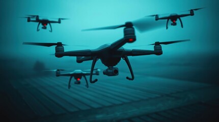 Teal drones hover above farmland, eerie.