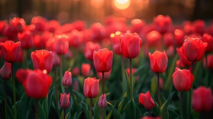 Vivid red tulips bloom densely, illuminated by warm golden sunset light, creating a bokeh backdrop