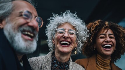 Three people laughing cheerfully