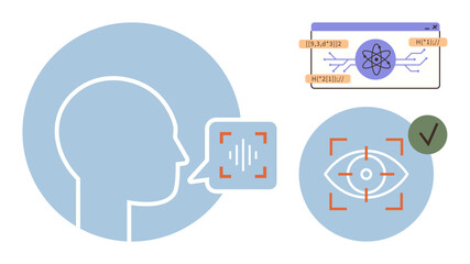 Human profile with voice waveform, optical recognition icon, and science-related browser window. Ideal for biometric systems, identity verification, AI, technology, cybersecurity, innovation simple