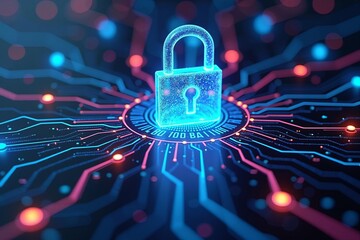 Futuristic digital padlock glowing on abstract circuit board representing advanced cybersecurity, data protection, and technology innovation