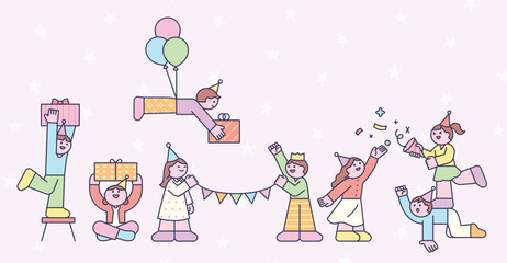 Fototapeta premium A group of happy people celebrating a festive occasion with gifts, balloons, and confetti.