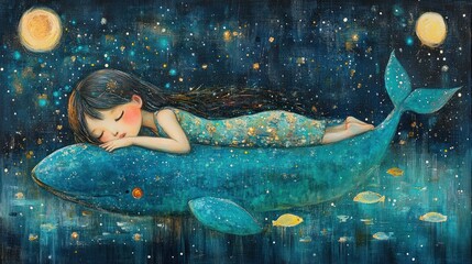 Child sleeps on whale in starry night sky.  Possible use children's book cover, poster