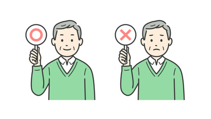 まるばつの札を持つ高齢者男性の上半身イラスト素材