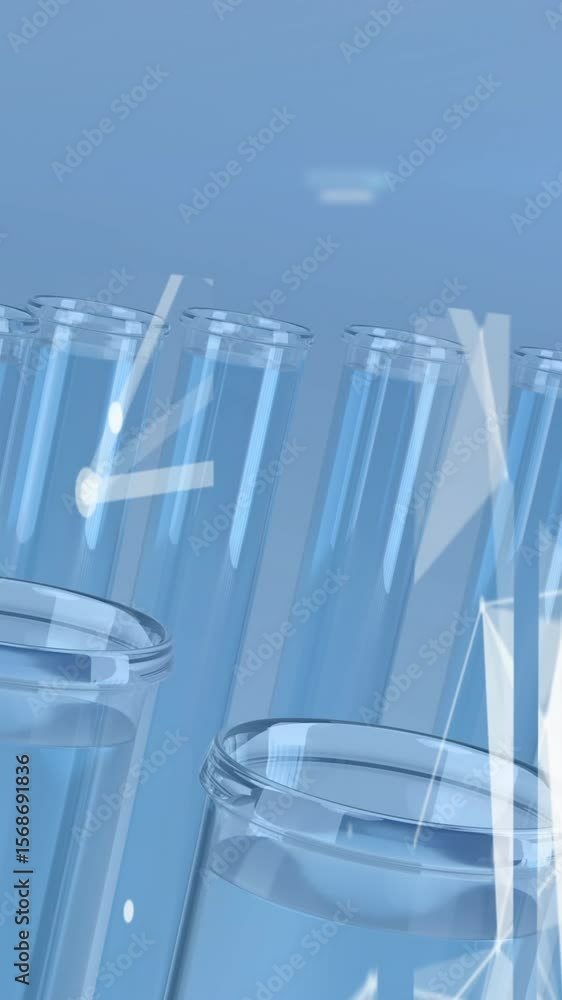 Poster animation of white networks of connections floating against laboratory test tubes with blue liquid