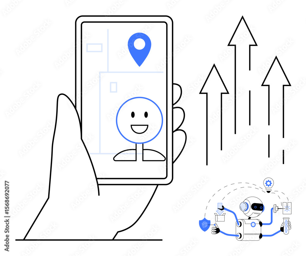 Poster hand holding smartphone with map marker and smiling avatar, data flow arrows, and ai robot managing 