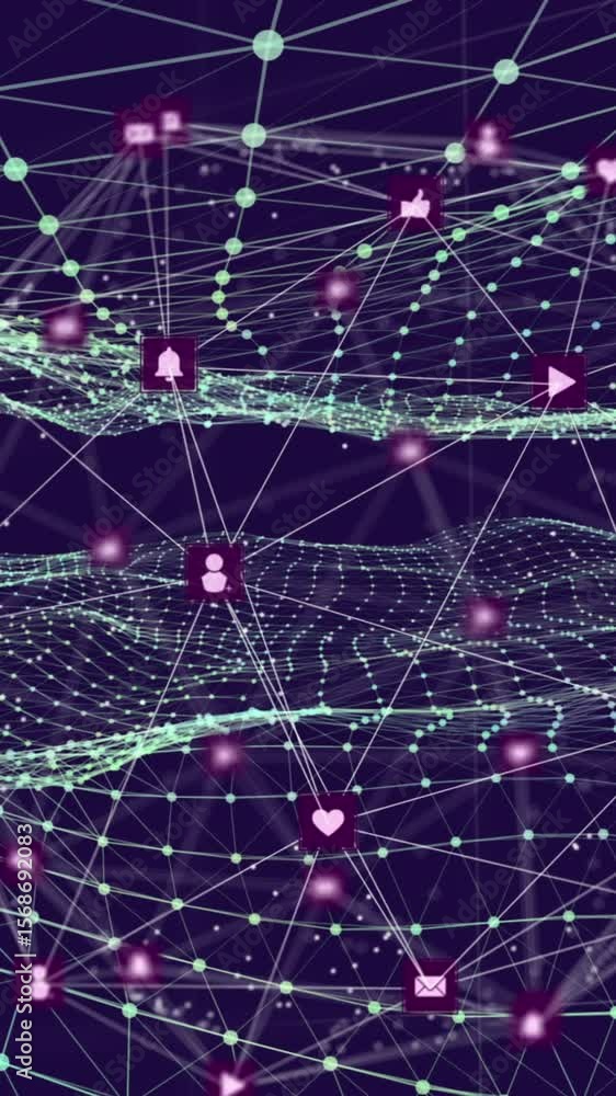 Poster animation of globe of network of connections with multiple icons over waving mesh