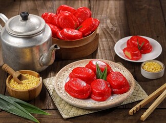 Kueku or Angku Kueh. Ku cake or tok cake or red turtle cake is a traditional small round or oval cake wrapped in a skin made from sticky and soft sticky rice with a sweet filling in the middle