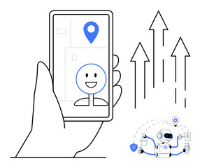 Hand holding smartphone with map marker and smiling avatar, data flow arrows, and AI robot managing tasks. Ideal for navigation, technology, automation, user interface, progress, connectivity