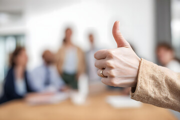 Foto en primer plano de un pulgar arriba de una mujer con anillo de matrimonio, con compañeros de trabajo en reunión difuminados en el fondo, en un contexto de negocios, reunión y viaje de trabajo.
