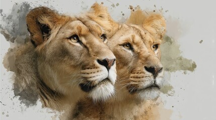 Obraz premium Close-up of two lionesses in a watercolor style, showcasing their majestic presence