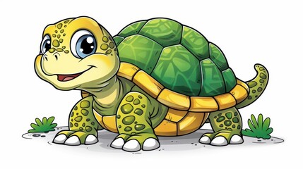 Obraz premium Cartoon turtle with green shell, big eyes, and a cute smile against a white background