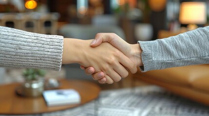 Handshake agreement, two hands meeting, warm interior backdrop in soft focus