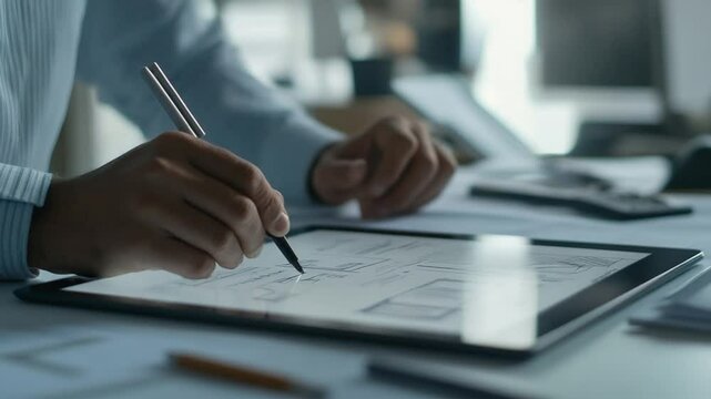Architectural Designer sketching layout on a tablet for construction planning process