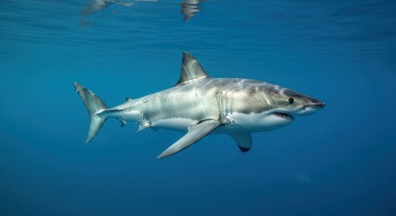 Fototapeta premium Great white shark swimming in the ocean underwater seascape