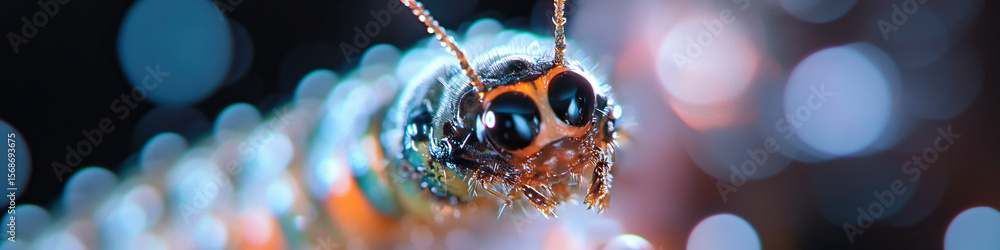 Poster close-up photograph of an insect larva with bokeh background