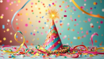 Colorful party hat surrounded by confetti and streamers.