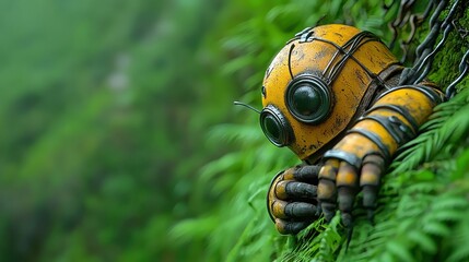 Yellow Robotic Bee Among Lush Green Ferns in Misty Forest