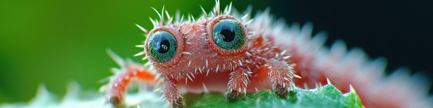 Red Spiny Creature with Green Eyes on Leaf