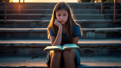 Fototapeta premium Thoughtful teenage girl with book on steps
