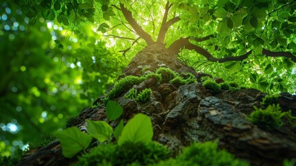 Verdant treetop view mossy trunk extends upwards towards sunlit canopy, green leaves fill frame
