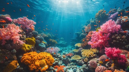 Obraz premium Vibrant coral reef scene. Sunbeams penetrate clear blue water, teeming with small fish and colorful coral