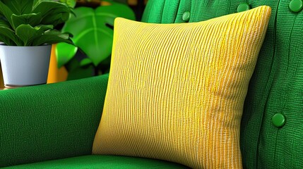 Yellow Patterned Pillow on Green Velvet Armchair