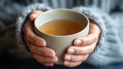Warm hands hold steaming tea