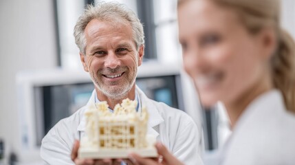 Two scientists examining a bone model