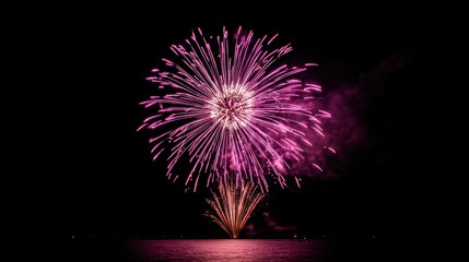 Vibrant pink fireworks over water