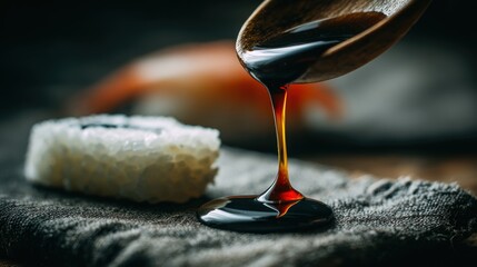 Sushi being drizzled with soy sauce