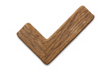 Wooden checkmark highlighting task completion, signaling positive validation with clean minimalist design against transparent backdrop