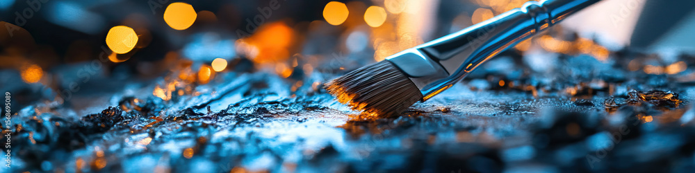 Poster paintbrush and textured paint surface with bokeh background