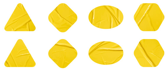 Set of vector yellow sticky note papers geometric shapes and wrinkles, Copy space stickers or patches for preview tags labels design