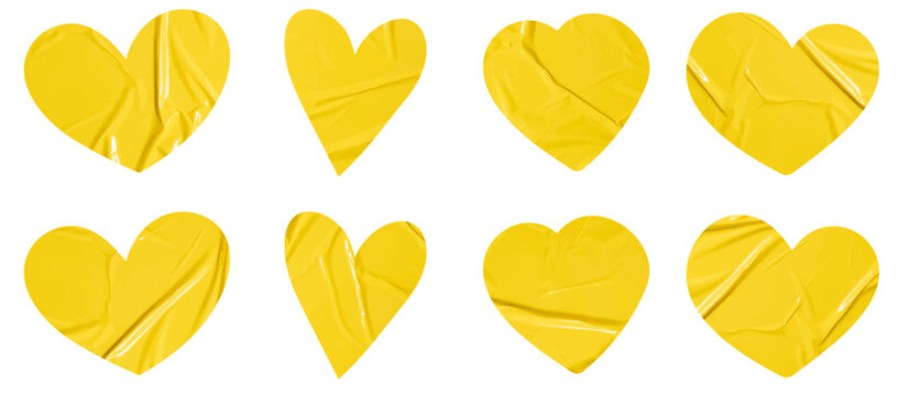 Set of vector yellow sticky note papers hearts shapes and wrinkles, Copy space stickers or patches for preview tags labels design