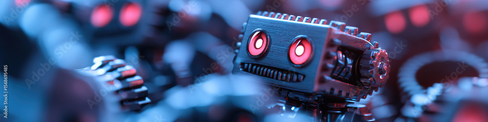 Aufkleber close-up of a metallic robot with glowing red eyes and surrounding robotic figures