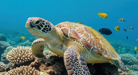 Obraz premium Sea turtle swims through coral reef with tropical fish nearby