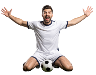 Ecstatic Soccer Player Sliding on Knee with Arms Outstretched, isolated on transparent background