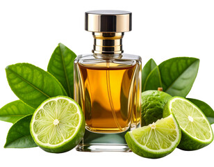 Elegant Perfume Bottle Beside Fresh Bergamot Slices and Leaves, Isolated on Transparent Background