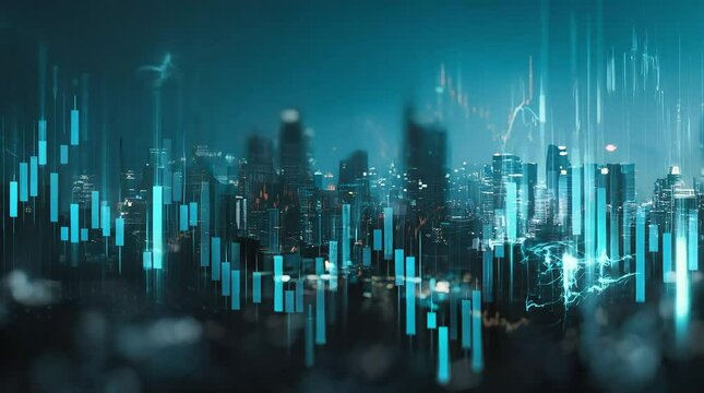 Financial analysis over city skyline background for stock market data - Powered by Adobe