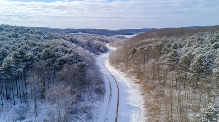 Snowy Forest Trail Aerial View. Possible use Stock photo