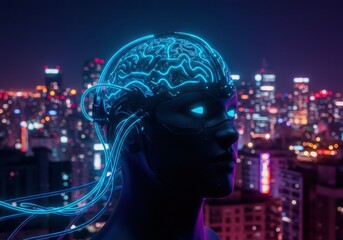 Futuristic AI head in a city at night.  Neon-blue glowing neural pathways connect to a cybernetic head with a visible brain.  City lights blur in background