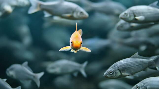 Goldfish swims against the stream in a sea of grey fish animation