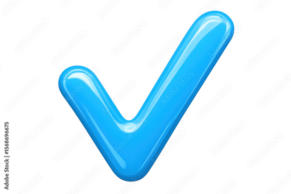Poster polished blue checkmark indicating successful verification, gleaming with smooth surface on clean tr