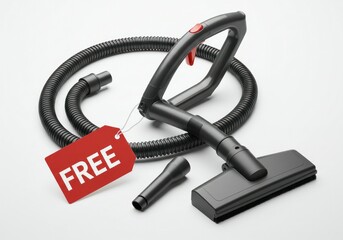 A black vacuum cleaner with attachments and a red "FREE" tag, laid out on a white surface