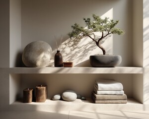 Zen Bathroom Still Life with Bonsai Tree