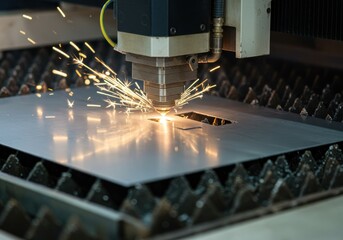 Industrial laser cutting machine in action. Sparks fly as metal sheet is cut