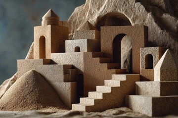 A detailed sandcastle with stairs, arches, and towers, built against a rocky background in soft lighting.