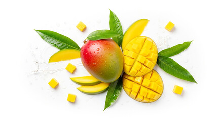 Fresh Tropical Mango Arrangement: Whole, Slices, and Cubes with Green Leaves on White Background